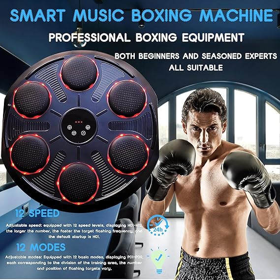 Music Boxing Machine for Adults – Bluetooth Smart Punching Pad with Lights & Music, 12 Training Modes, Adjustable Height, Gloves Included, Home Gym Fitness Equipment